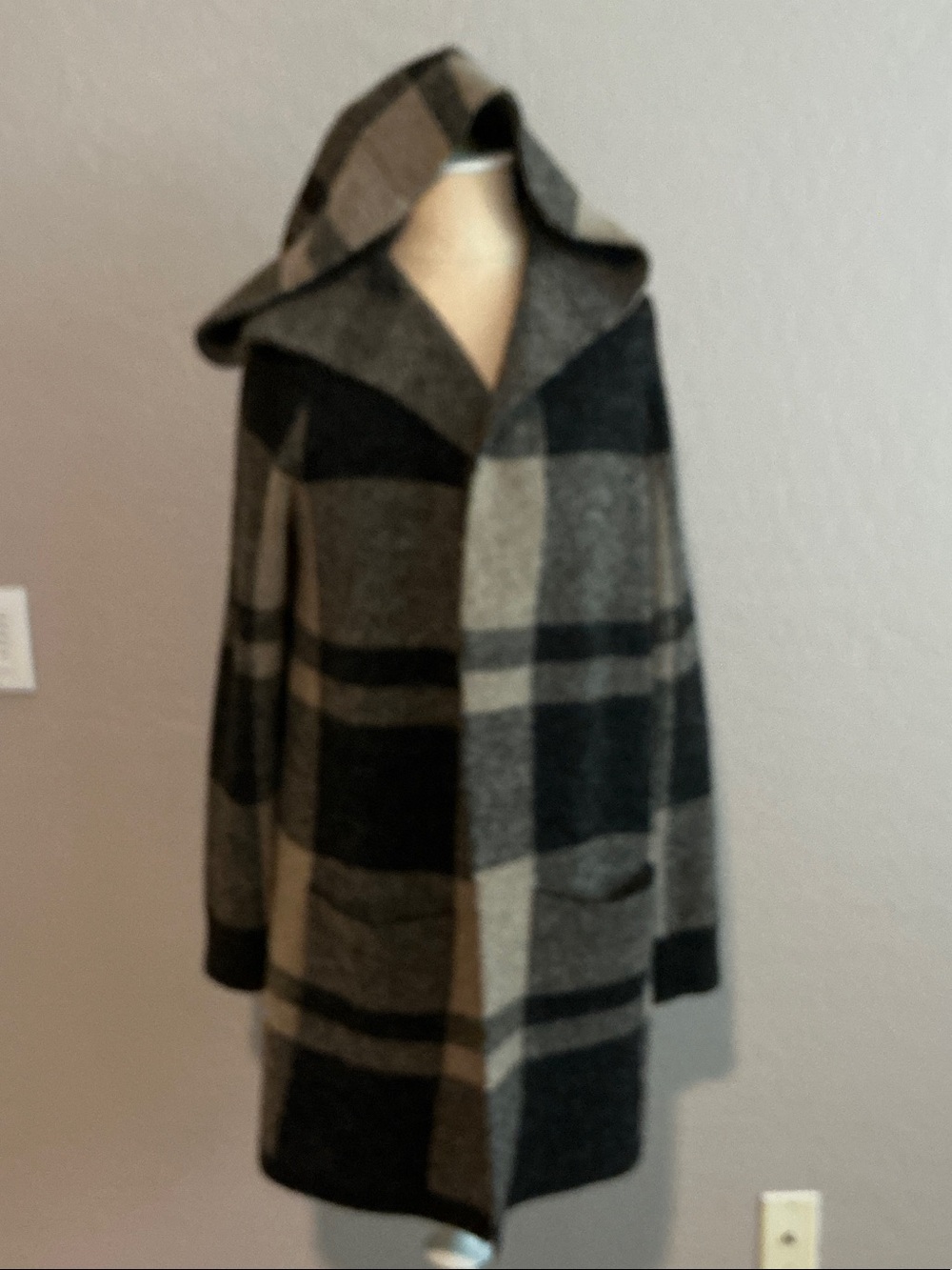 Cyrus Hooded Plaid Cardigan Sweater in Black and Tan